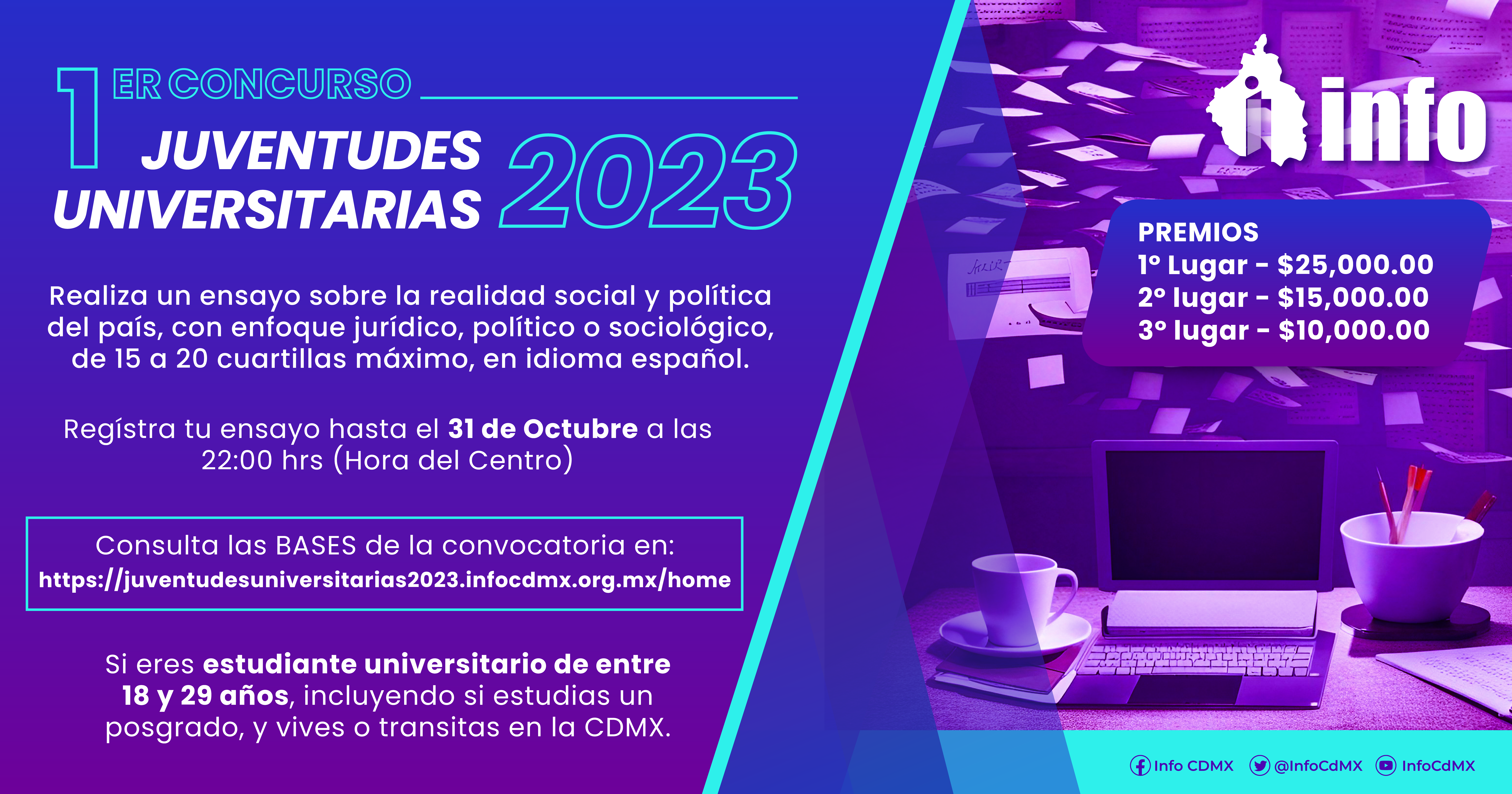 El Instituto de Transparencia, Acceso a la Información Pública, Protección de Datos Personales y Rendición de Cuentas de la Ciudad de México (INFO CDMX) convoca al Primer Concurso “Juventudes Universitarias 2023”.